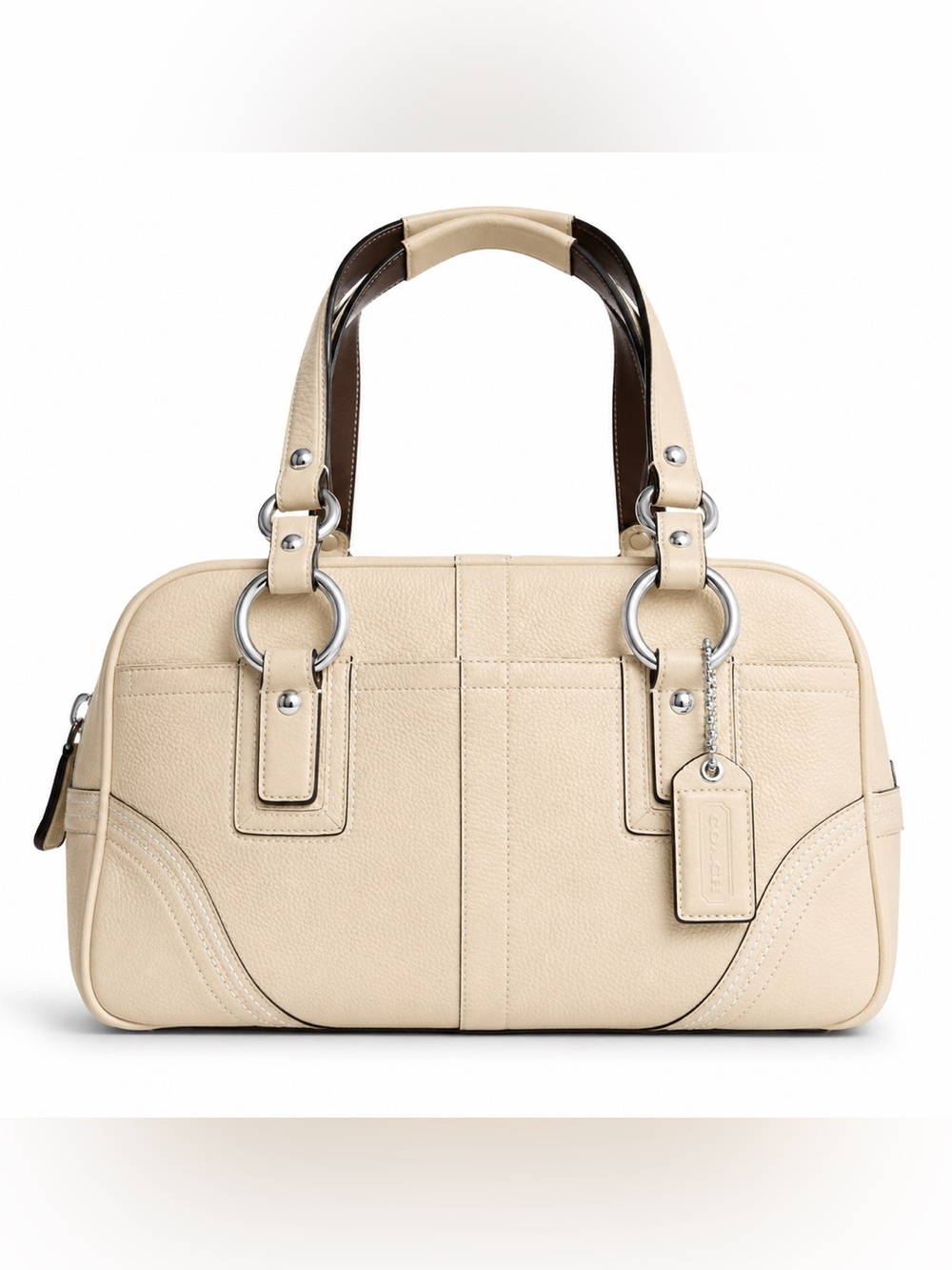Coach Cream Pebbled Leather Shoulder Satchel with Dark Brown Handles